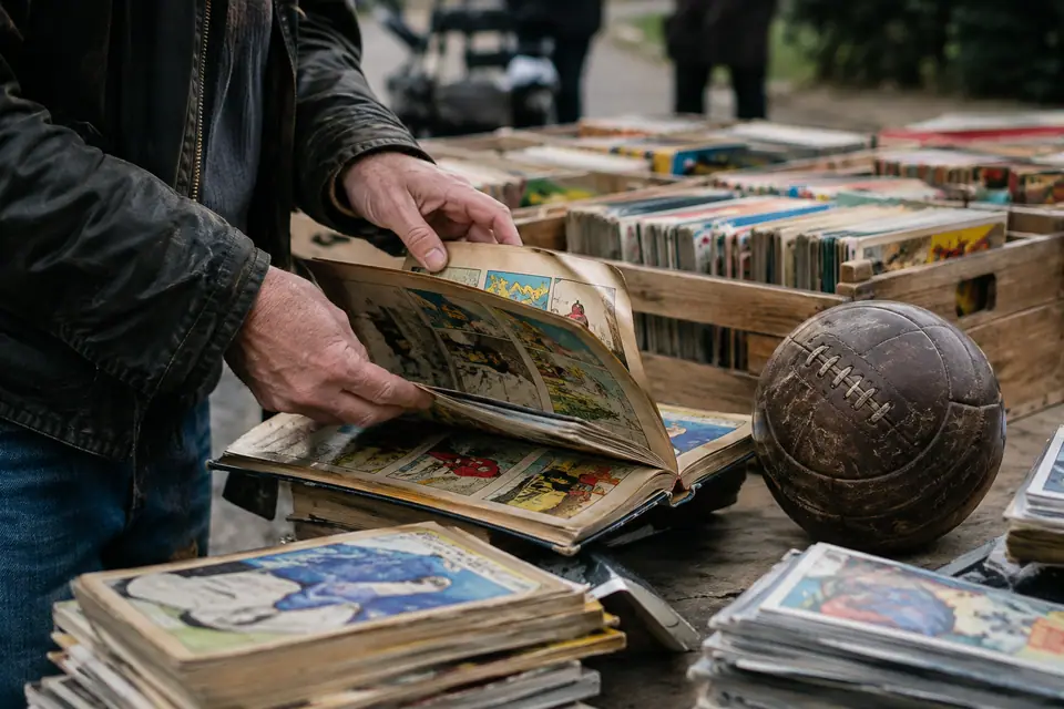 Un homme feuillette une vieille bande dessinée sur un stand de brocante un dimanche matin