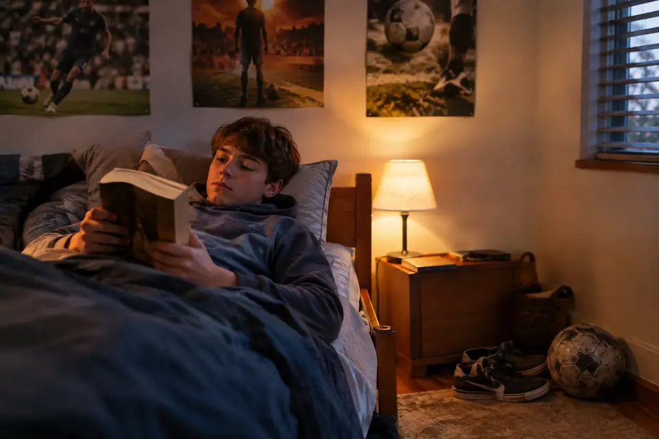 Un adolescent allongé sur son lit lit un épais livre de poche, un ballon de foot posé au sol