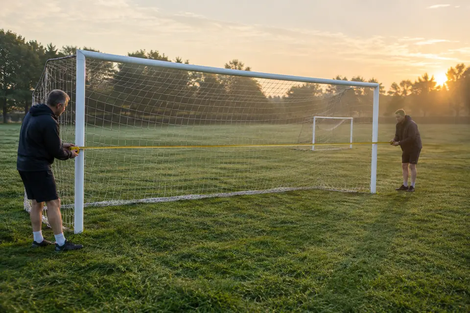 Deux éducateurs mesurent la largeur d'un but de foot à 11 avec un décamètre sur un terrain municipal
