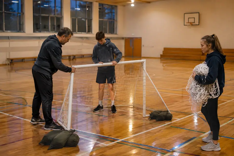 Un éducateur et deux adolescents dépliant un but de futsal blanc dans un gymnase vide