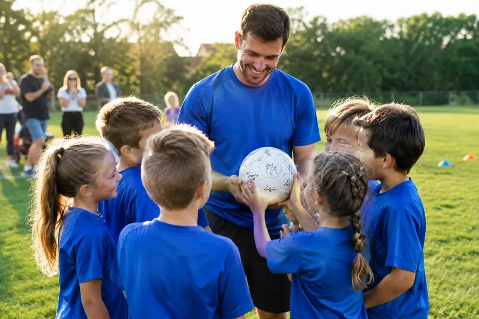 Enfants d'une équipe de foot qui offrent un ballon signé à leur entraîneur sur un terrain municipal en juin