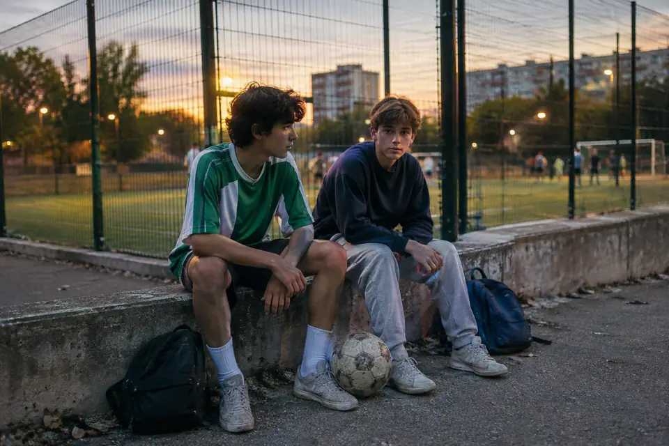Deux adolescents assis près d'un city stade au crépuscule, l'un porte un maillot de foot rétro vert et blanc