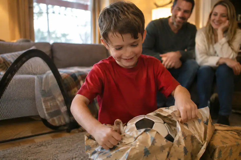 Enfant qui déballe un ballon de foot dans le salon familial, une petite cage pliable posée près du canapé