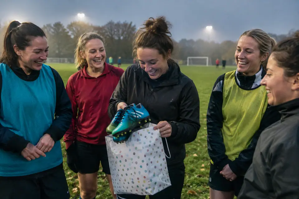 Joueuses amateurs qui rient au bord du terrain après l'entraînement, l'une découvre une paire de crampons offerte