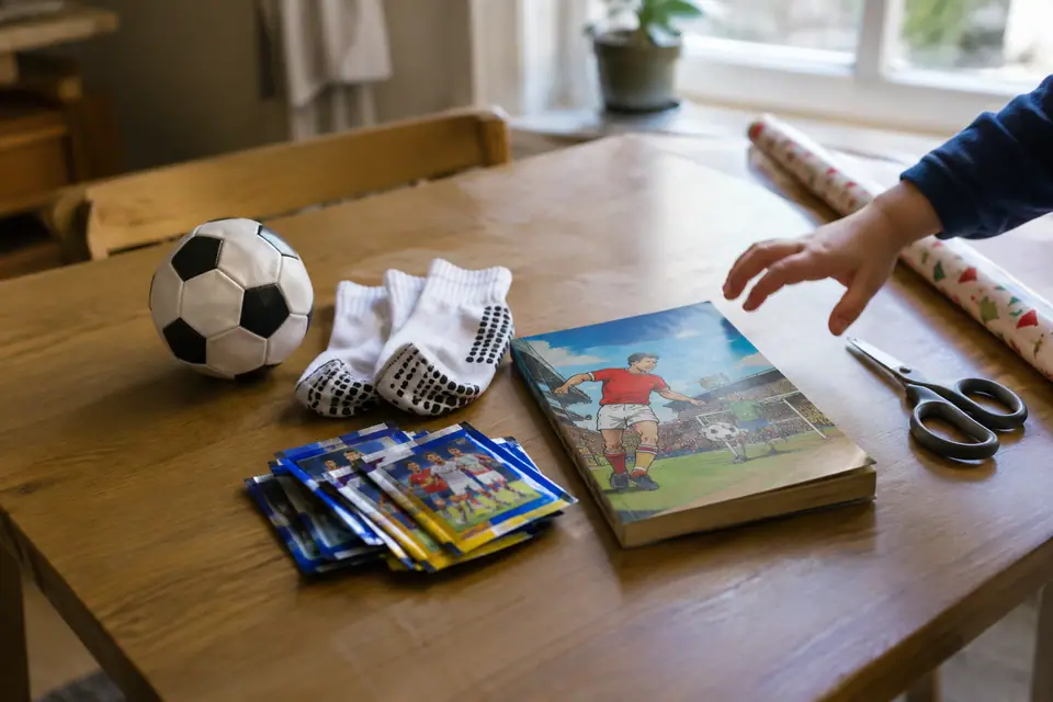 Petits cadeaux foot posés sur une table de cuisine : mini ballon, chaussettes et pochettes d'autocollants