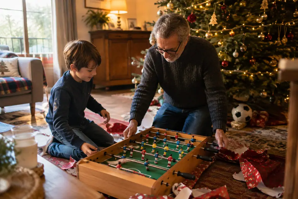 Un garçon et son grand-père découvrent un baby-foot au pied du sapin le matin de Noël