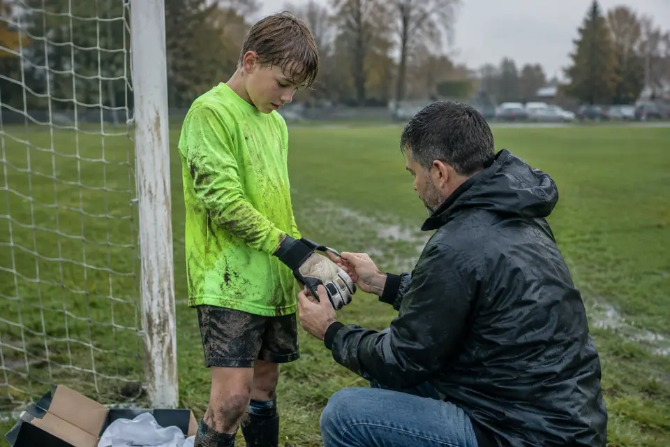 Jeune gardien de but qui essaie ses nouveaux gants près du poteau, son père ajuste la sangle du poignet