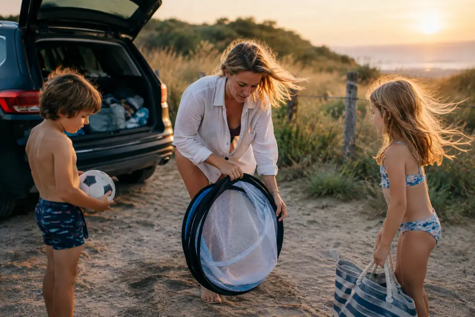 Une mère replie une petite cage de foot pop-up près des dunes, ses enfants l'attendent avec le ballon