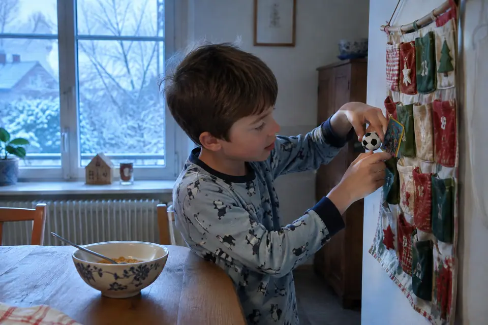 Enfant en pyjama qui ouvre une pochette d'un calendrier de l'Avent fait maison contenant un mini ballon