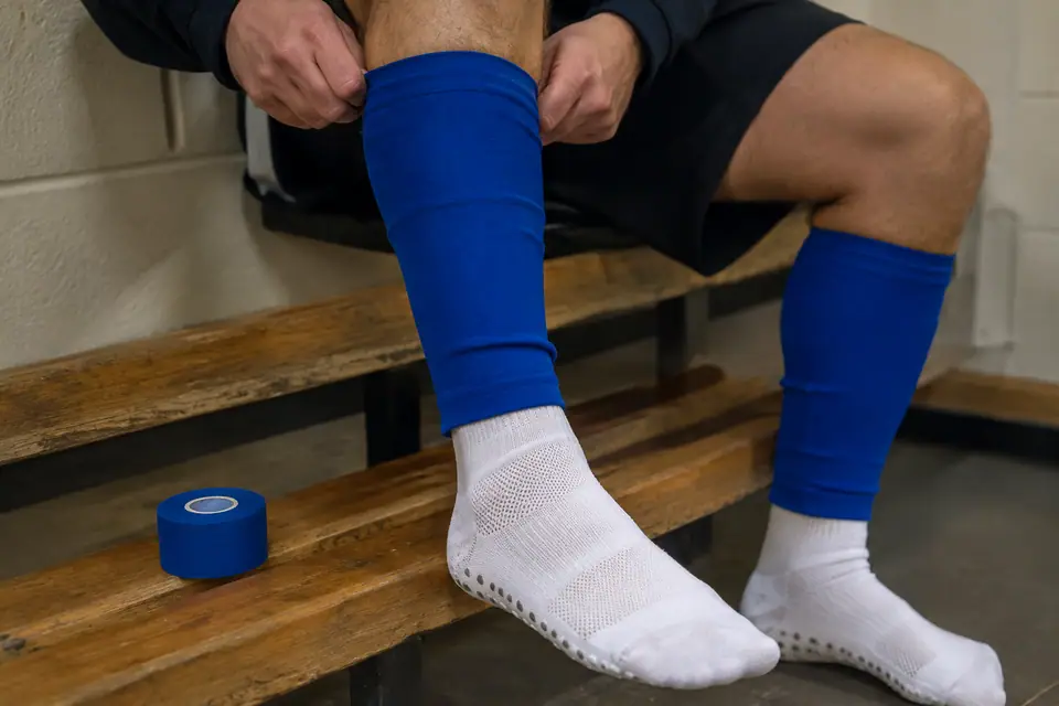 Chaussette antidérapante blanche à pastilles portée sous un manchon de chaussette bleu dans un vestiaire