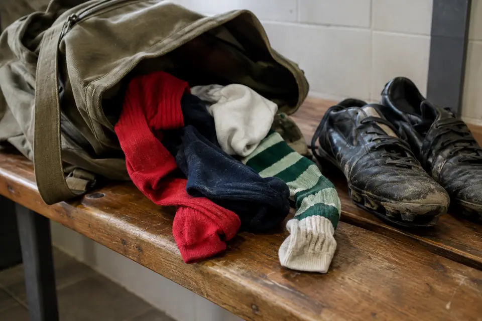 Pile de chaussettes de foot rouges, bleu marine et rayées rétro sortant d'un sac sur un banc de vestiaire