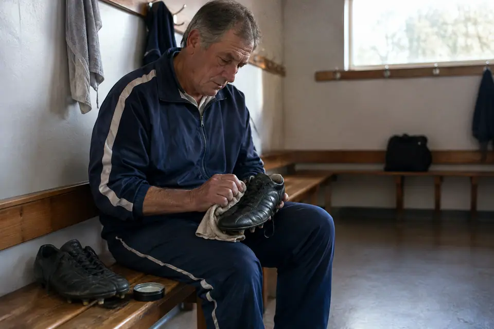 Un joueur vétéran graisse ses chaussures de foot en cuir noir dans un vestiaire avant le match