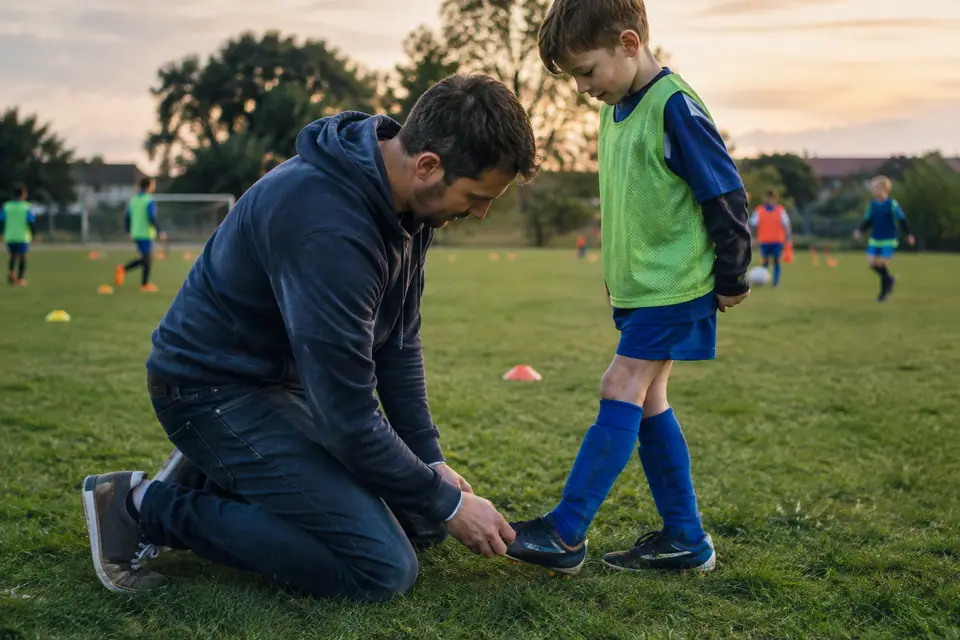 Un père vérifie la pointure des chaussures de foot neuves de son fils au bord d'un terrain