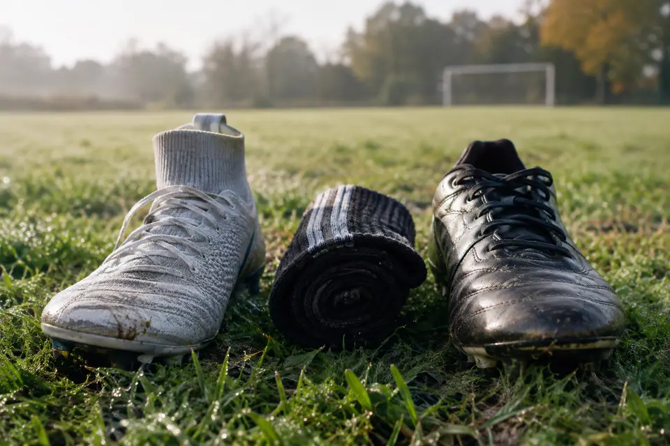 Une chaussure de foot montante en maille et une chaussure basse en cuir posées côte à côte sur l'herbe