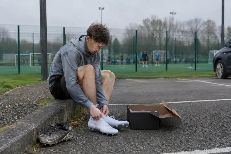 Un jeune joueur essaie une nouvelle paire de chaussures de foot simple à côté de sa vieille paire usée