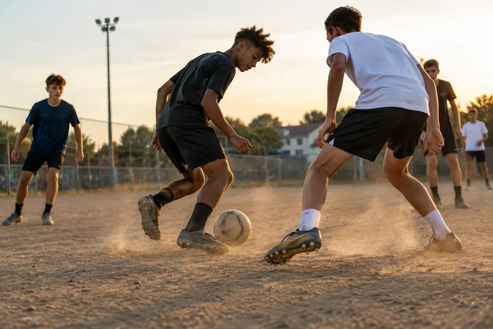Adolescents à l'entraînement sur un terrain stabilisé ocre et poussiéreux, chaussures turf au premier plan