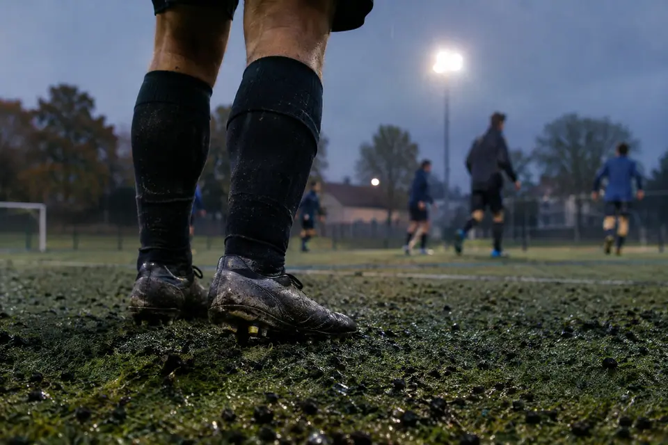 Chaussures de foot d'un joueur amateur sur un terrain synthétique avec billes de caoutchouc, sous les projecteurs