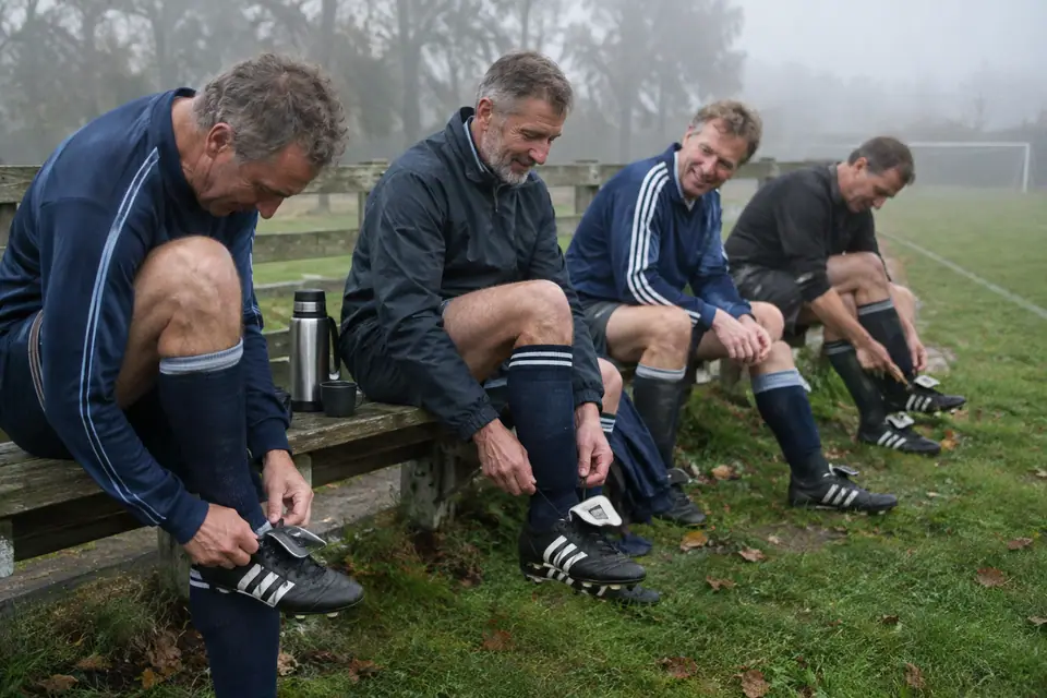 Des joueurs vétérans lacent des chaussures de foot classiques en cuir noir au bord d'un terrain