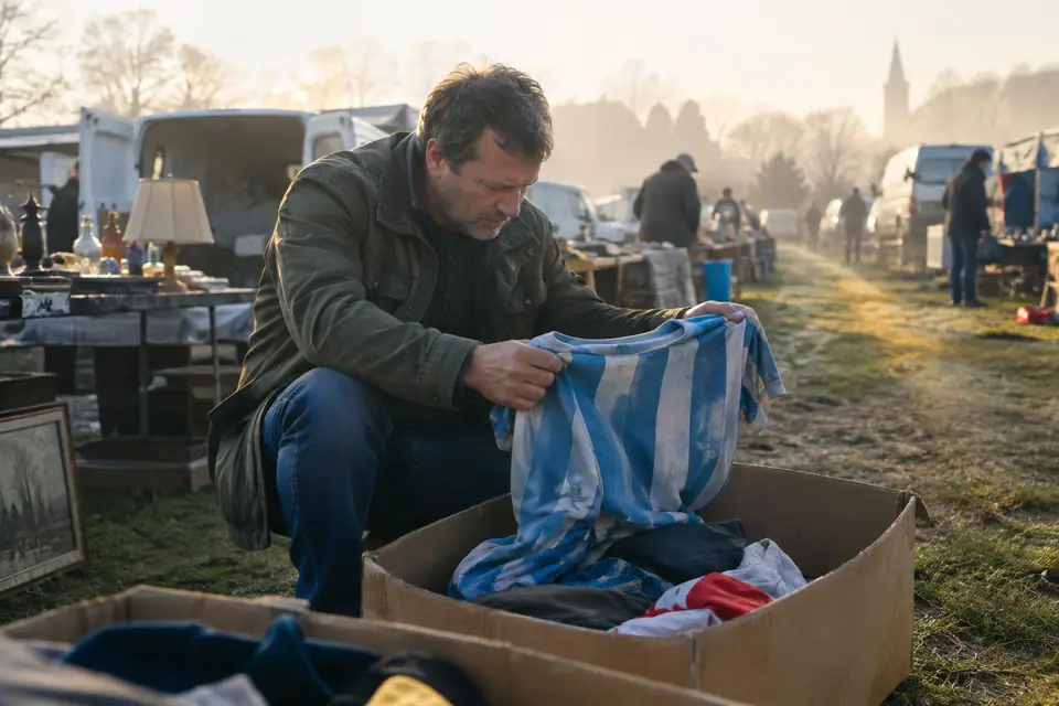 Homme fouillant un carton de vieux maillots de foot sur une brocante de village au petit matin