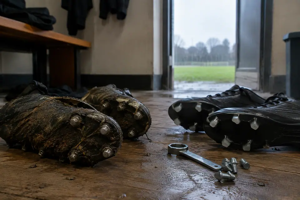 Une paire à crampons vissés pleine de boue et une paire à crampons moulés sur le sol d'un vestiaire