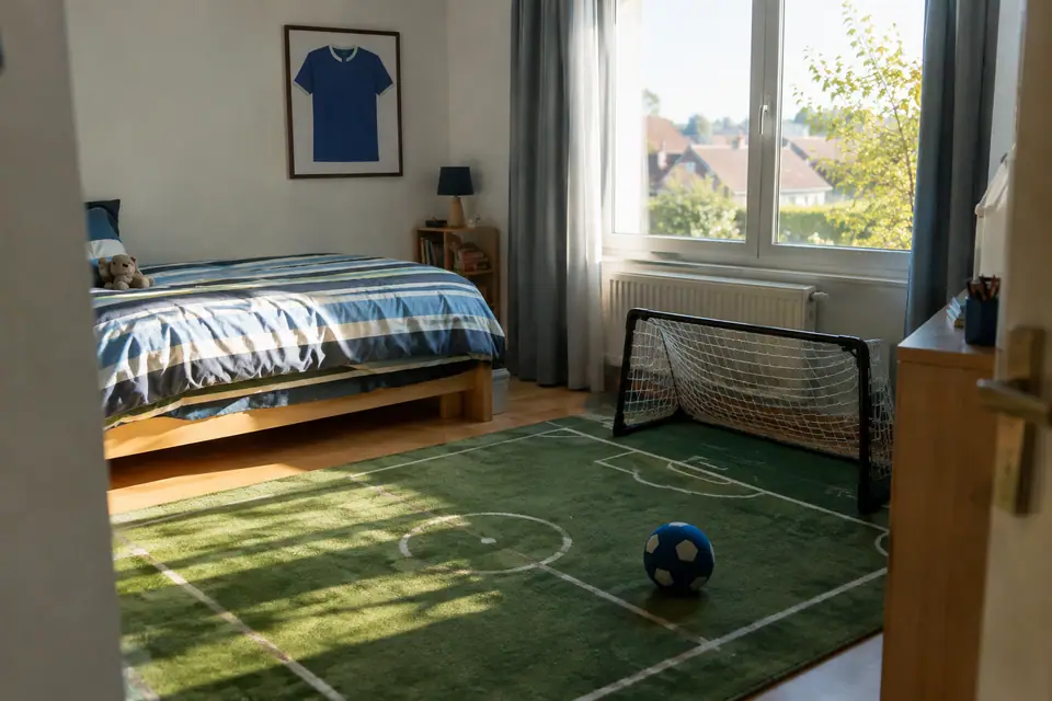 Une chambre d'enfant avec un tapis terrain de foot, un mini but et un maillot bleu encadré au mur