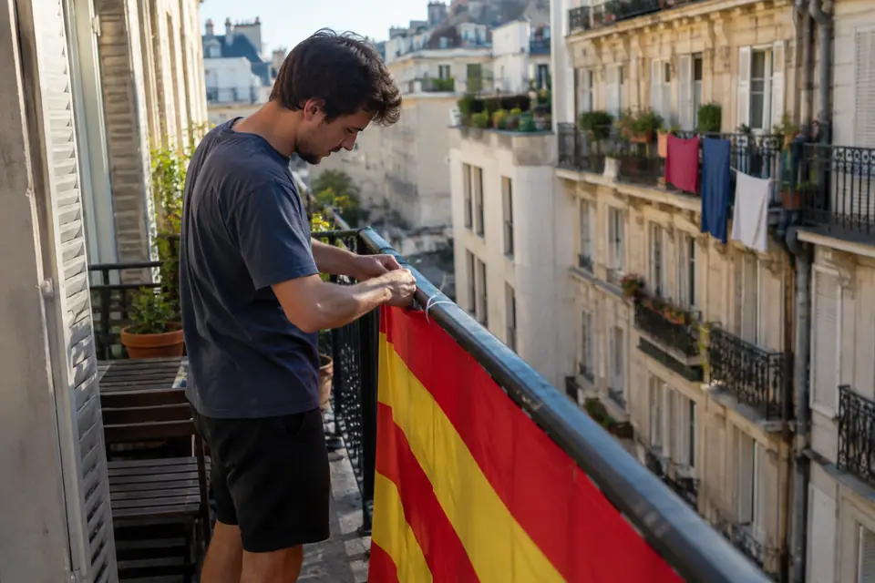Jeune homme attachant un grand drapeau rayé rouge et jaune à la rambarde de son balcon en ville