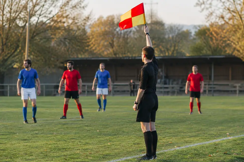 Un arbitre assistant amateur lève son drapeau à damier rouge et jaune sur la ligne de touche
