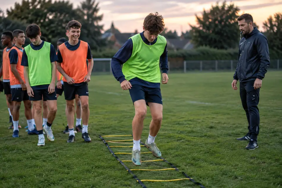 Jeunes footballeurs en chasubles enchaînant des appuis dans une échelle de rythme sur un terrain en herbe