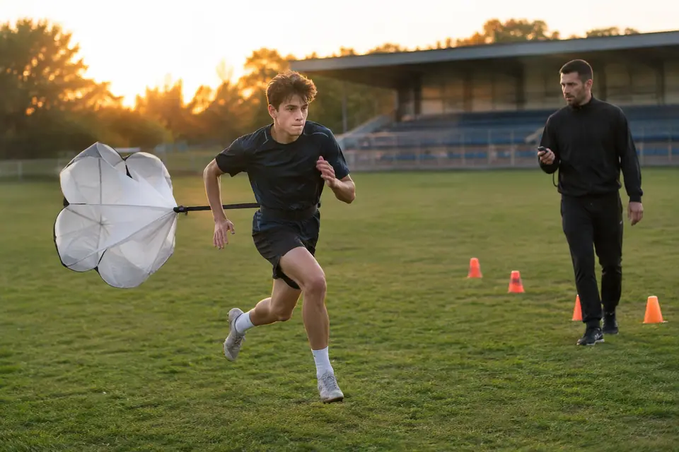 Un jeune footballeur sprinte avec un parachute de vitesse gonflé derrière lui, chronométré par son entraîneur