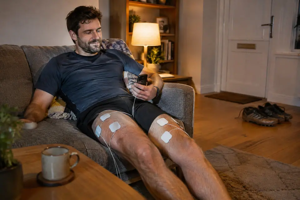 Joueur amateur assis sur un canapé avec des électrodes d'électrostimulation posées sur les cuisses
