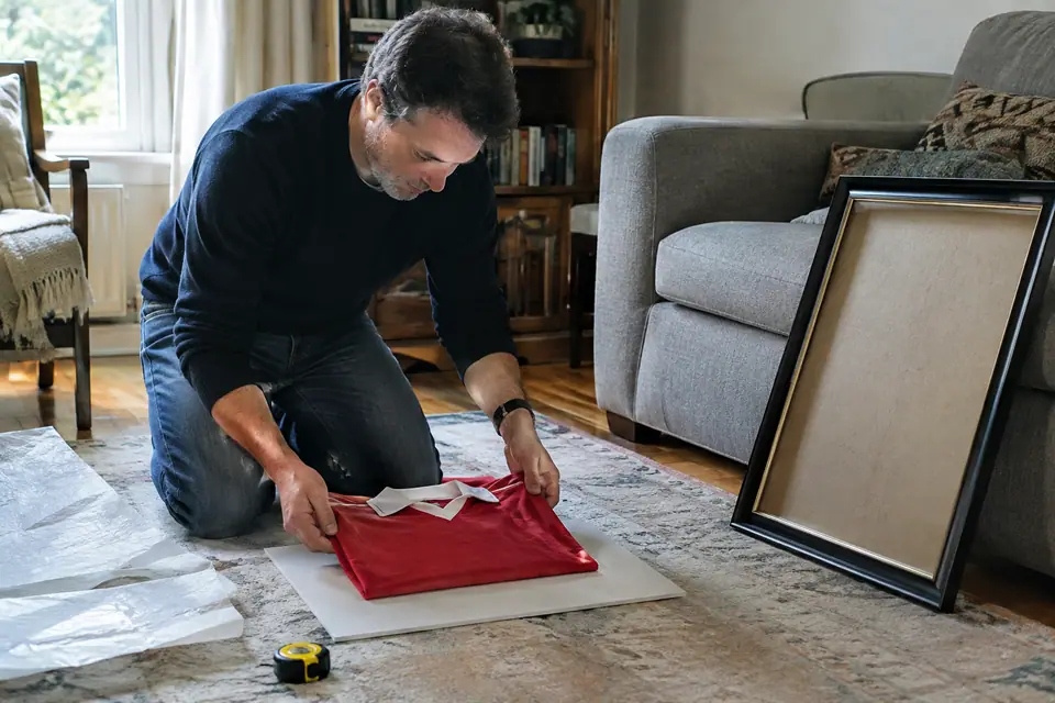 Homme pliant un maillot de foot rouge rétro sur un carton blanc avant de l'encadrer dans son salon