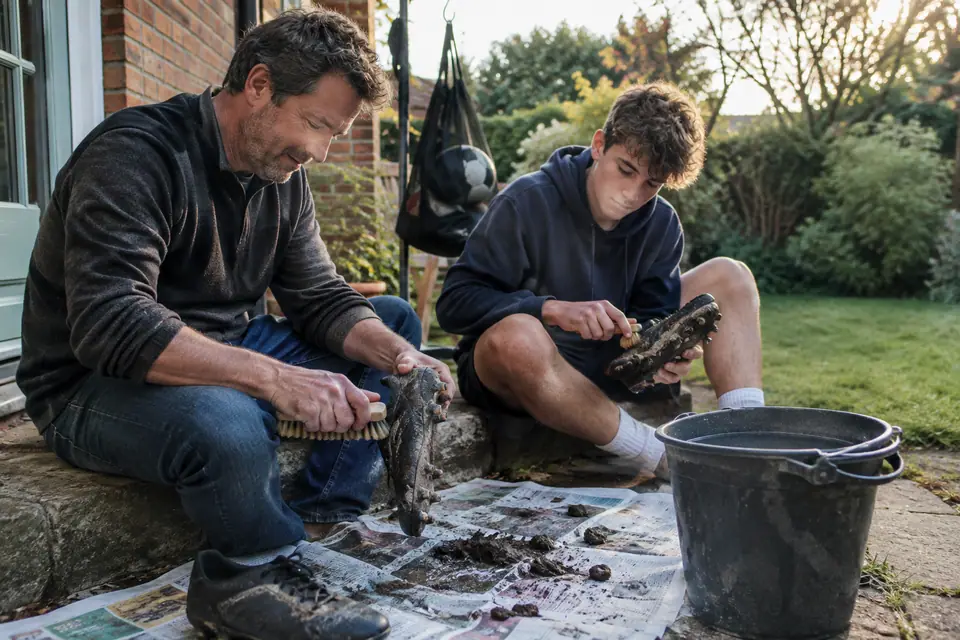 Un père et son fils adolescent nettoient des chaussures de foot boueuses sur du papier journal