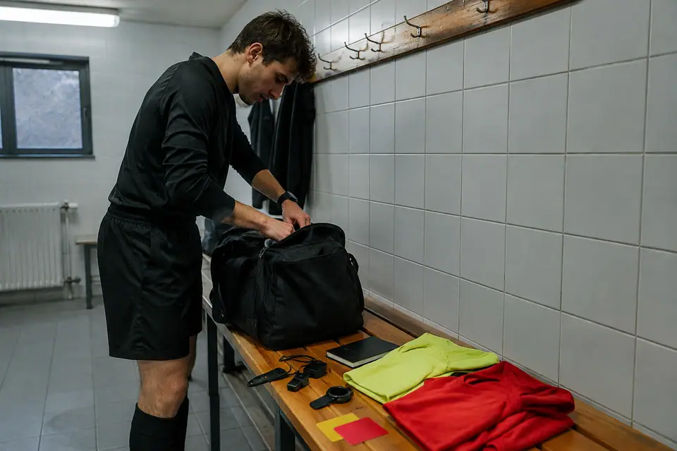 Un jeune arbitre prépare son sac dans un vestiaire : sifflets, montre, cartons, carnet et maillots de rechange