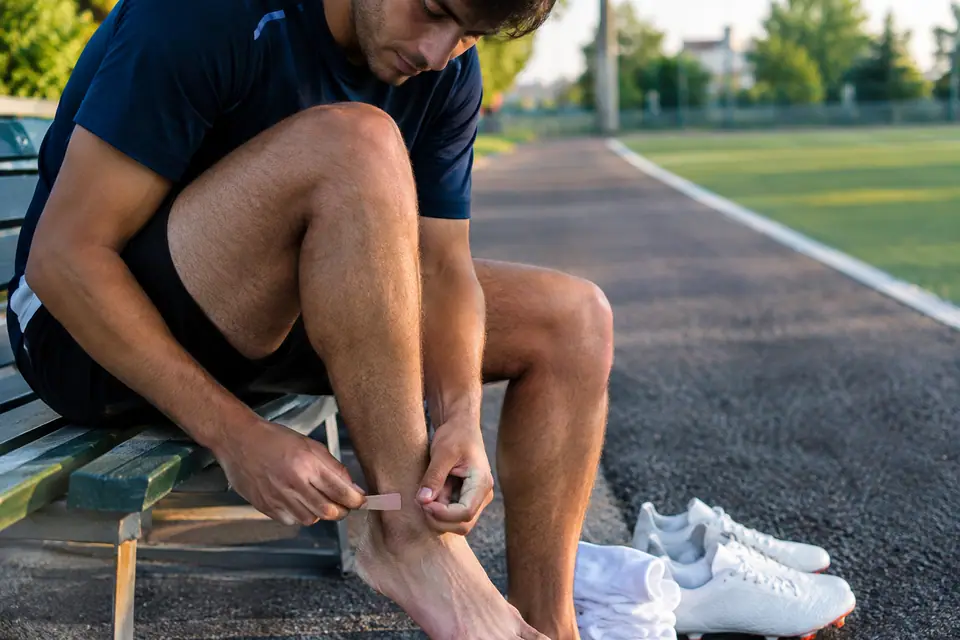 Jeune footballeur assis près d'un terrain synthétique posant un pansement sur son talon à côté de crampons neufs