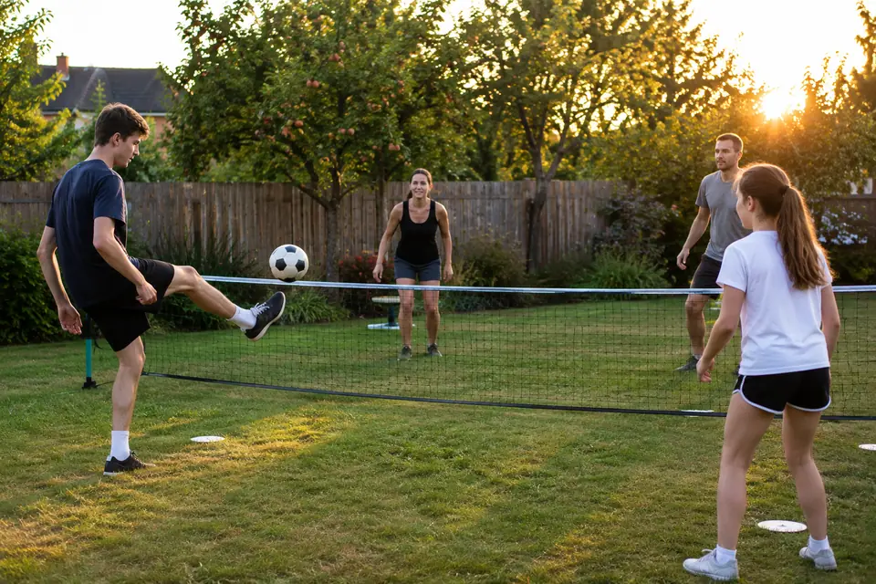 Quatre joueurs disputent une partie de foot tennis au-dessus d'un filet bas dans un jardin en été