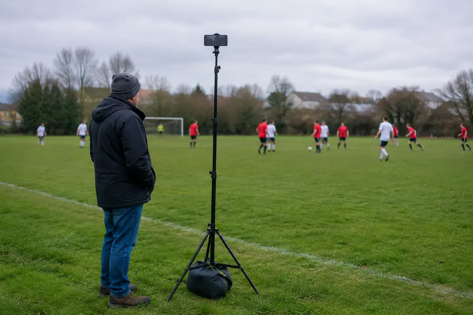Bénévole à côté d'un mât télescopique avec un smartphone filmant un match amateur au bord du terrain