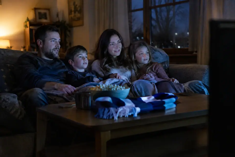 Une famille regarde un film sur le canapé un soir d'hiver, une écharpe de foot sur la table basse