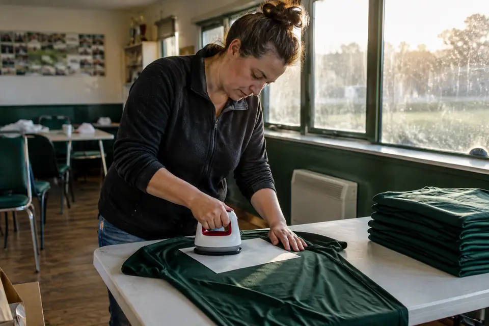 Une bénévole pose un transfert thermocollant au dos d'un maillot vert avec une petite presse