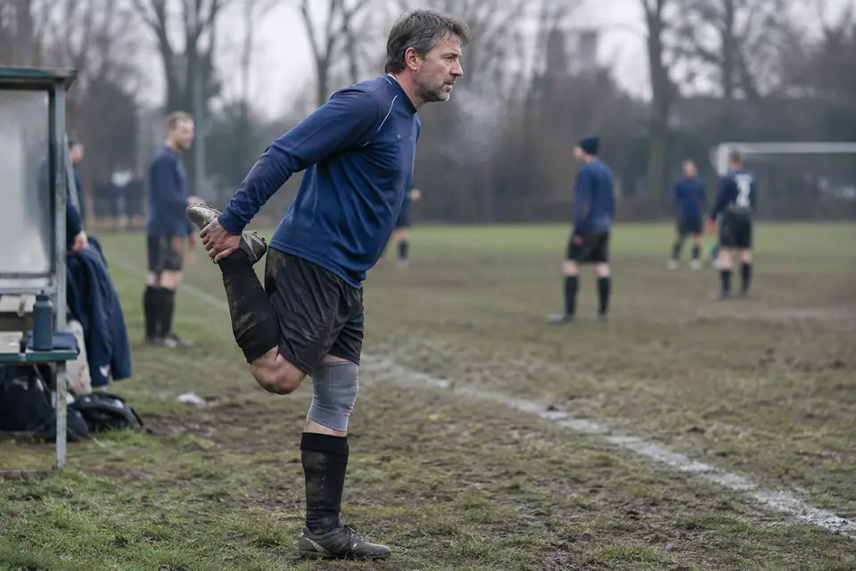 Footballeur vétéran portant une genouillère grise qui s'étire au bord d'un terrain boueux en hiver