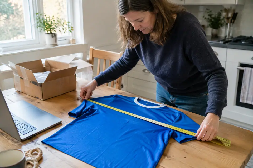 Une femme mesure à plat un maillot de foot bleu avec un mètre ruban sur une table de cuisine