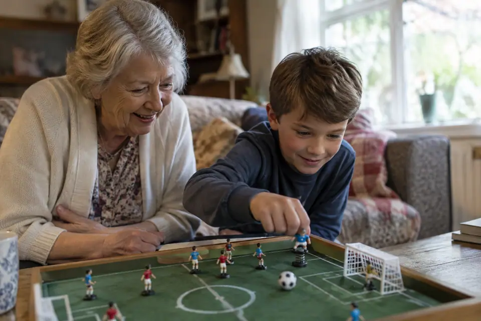 Une grand-mère et son petit-fils jouent à un petit jeu de foot à ressort sur la table basse du salon