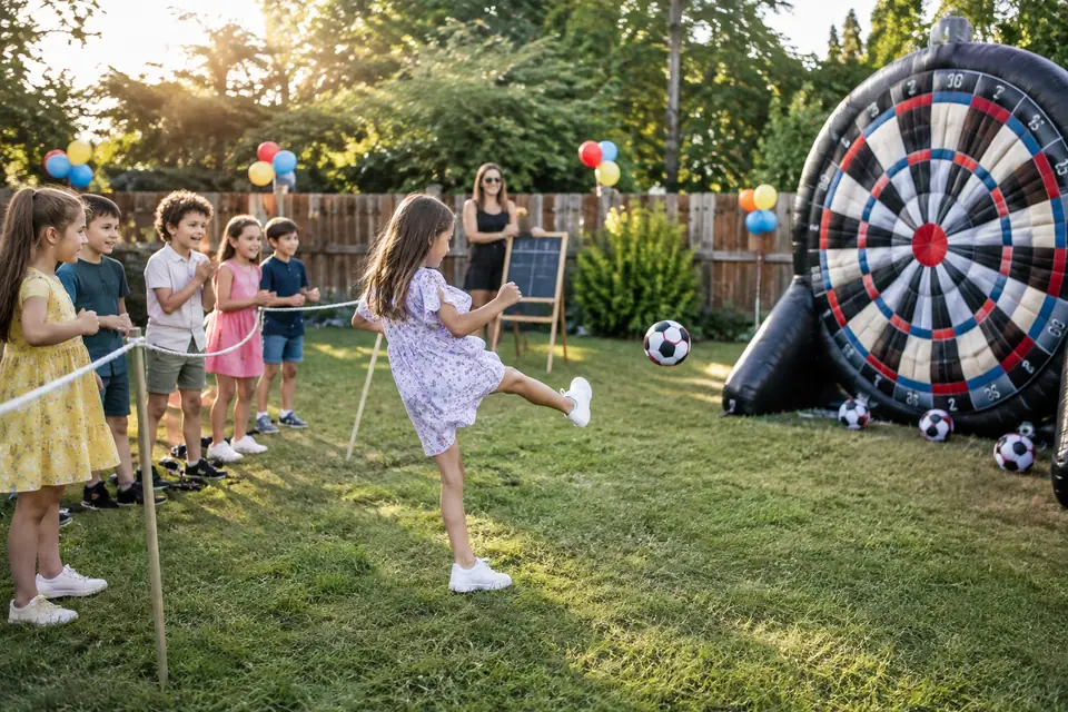 Des enfants tirent à tour de rôle sur une cible gonflable de fléchettes foot pendant un anniversaire