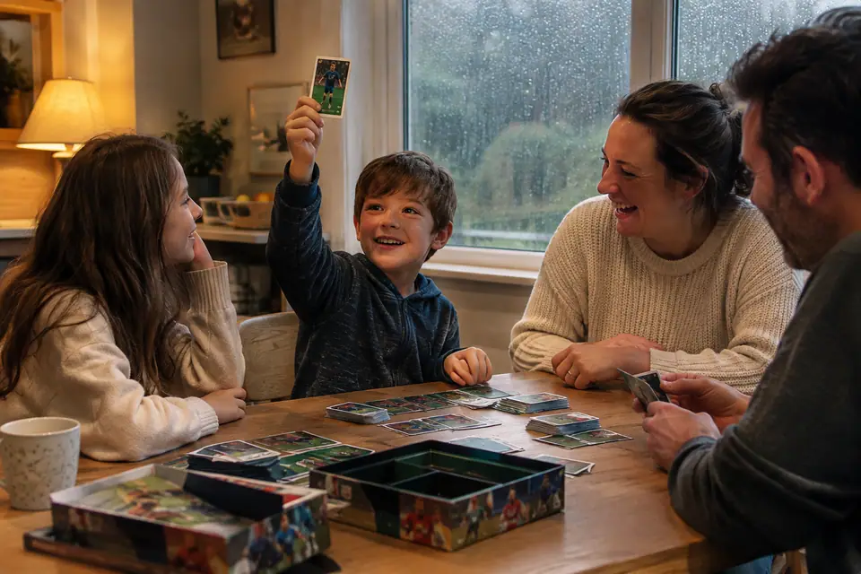 Une famille joue à un jeu de cartes sur le thème du football autour de la table de la cuisine