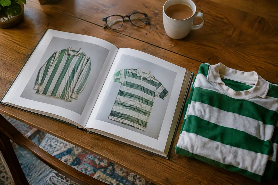 Un beau livre ouvert sur des photos de maillots anciens, à côté d'un maillot rétro plié et d'une tasse