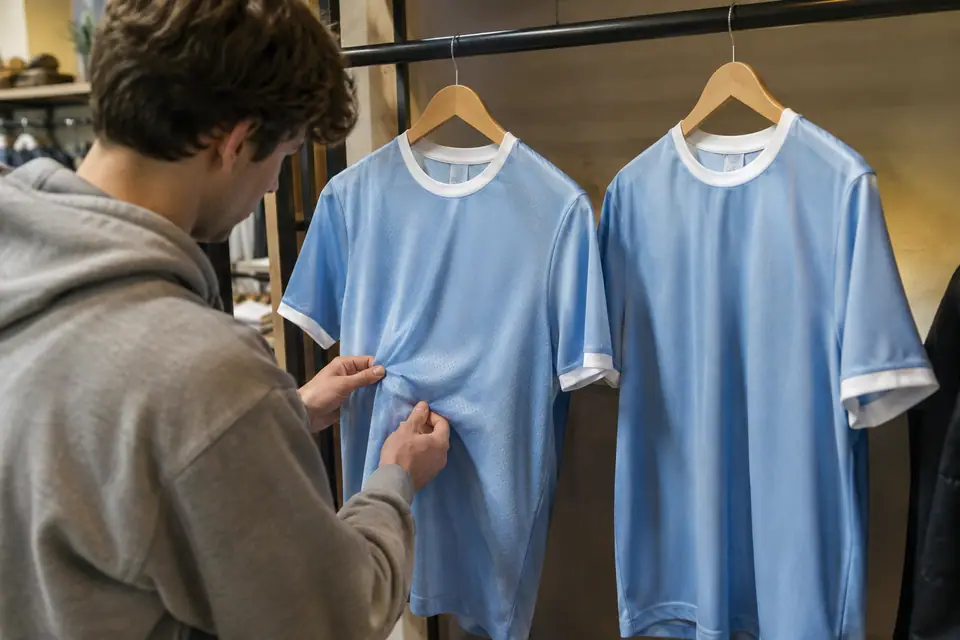 Deux maillots de foot bleu ciel presque identiques suspendus côte à côte, un client compare le tissu