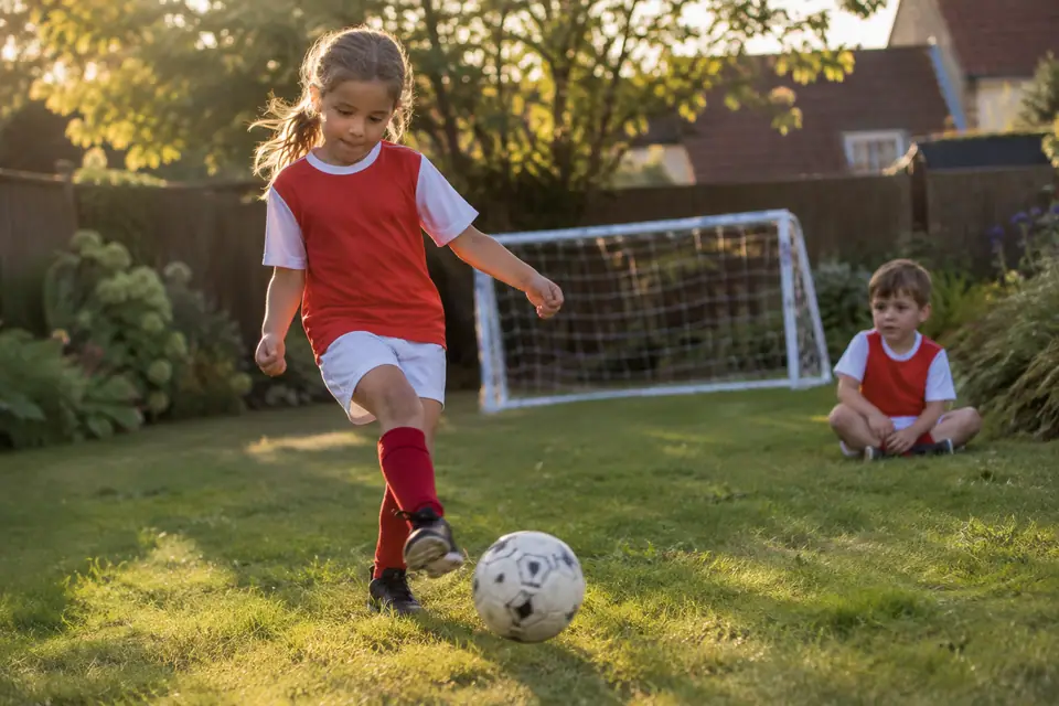 Une fillette en tenue de foot rouge et blanche frappe un ballon dans un jardin, son petit frère regarde