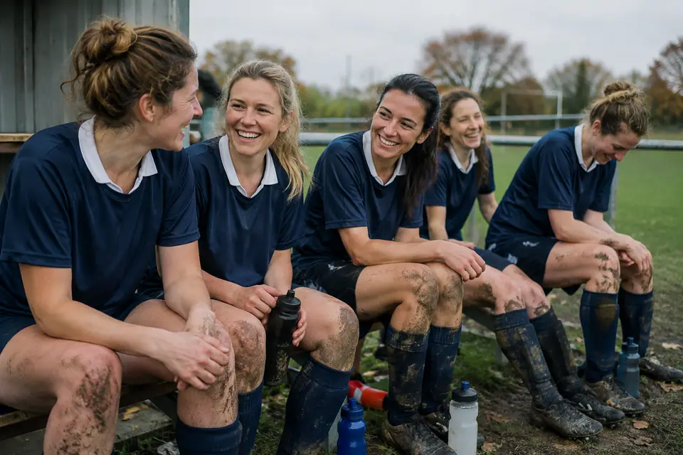 Des joueuses amateurs en maillot bleu marine rient sur le banc d'un terrain municipal après un match