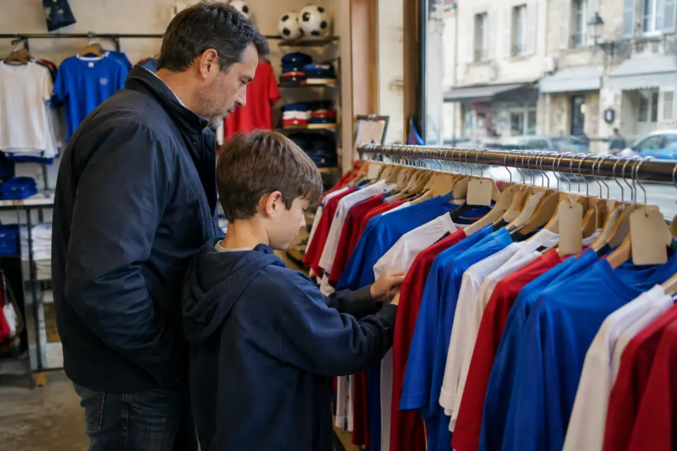 Un père et son fils regardent un portant de maillots de foot soldés dans un petit magasin de sport