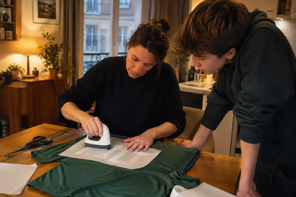 Femme posant des lettres thermocollantes au dos d'un maillot de foot vert sur la table de la cuisine