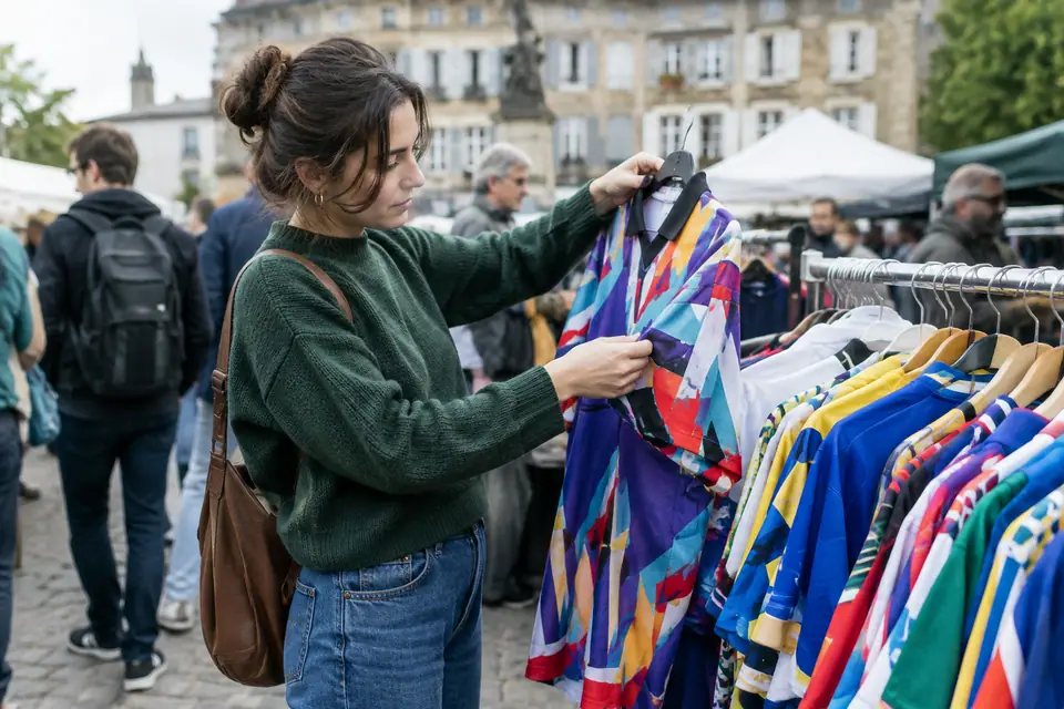 Jeune femme examinant un maillot de foot rétro coloré sur un portant de brocante un dimanche matin